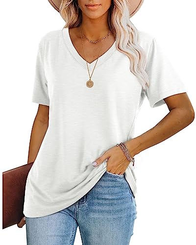 WIHOLL Tshirt Damen Kurzarm T Shirt V Ausschnitt Tops Oversize Oberteile Elegant 2024 Weiß XL von WIHOLL