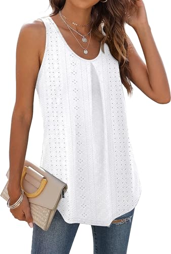 WIHOOL Damen Tops U-Ausschnitt Sommer Weste Tops Frauen UK Ärmellos Ösen Stickerei Tank Shirt, A-weiß-1, L von WIHOLL