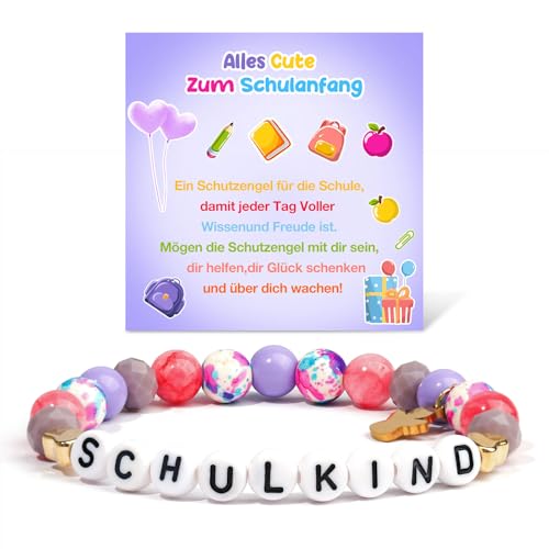 WIKOGDFE Einschulung Mädchen Armband,Schulkind Geschenk,Rosenquarz Perlen Schutzengel Armband Schulkind,Mit Gold Liebes,Glücksbringer zum Schulanfang Geschenk für Einschulun (Lila) von WIKOGDFE