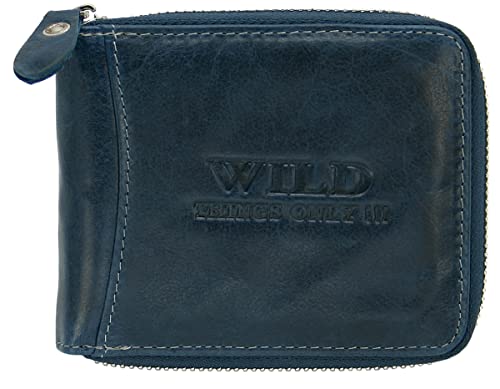 WILD THINGS ONLY !!! Herren Brieftasche mit Reißverschluss - Leder Geldbörse mit RFID-Schutz & Geschenk-Box (Querformat, Dunkelblau (Navy)) von WILD THINGS ONLY !!!