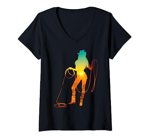 Damen Wild West Western Cowgirl Cowboy Girl Silhouette für Frauen T-Shirt mit V-Ausschnitt Damen Wild West Western Cowgirl Cowboy Girl Silhouette für Frauen T-Shirt mit V-Ausschnitt von WILD WEST FASHION - Western Clothes For Women