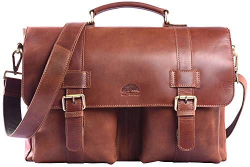 WILD WOODS | Aktentasche Leder XL mit Laptopfach 15,6 Zoll große Ledertasche zum Umhängen aus Rinderleder in Cognac von WILD WOODS