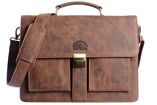 WILD WOODS | Aktentasche Leder XL mit Laptopfach 15,6 Zoll große Ledertasche zum Umhängen aus Büffelleder Braun Vintage von WILD WOODS