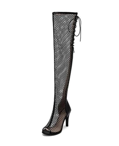 WILDKATZEN Damen Fischnetz Stiefel Peeptoe Overknee Boots Stiletto High Heels Schwarz 40 EU von WILDKATZEN