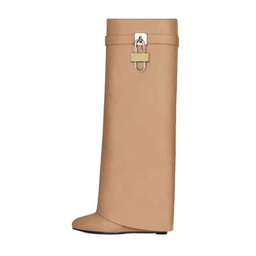 WILDKATZEN Damen Kniehohe Stiefel Fold over Wedges Boot, Cognac, 40.5 EU von WILDKATZEN