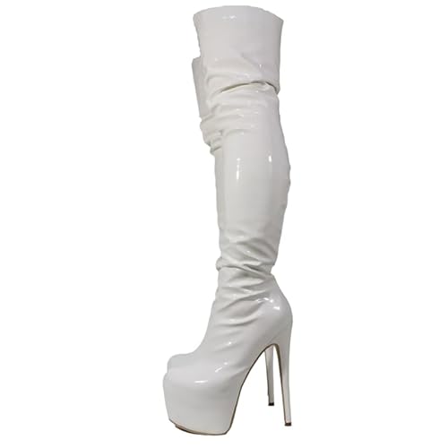 WILDKATZEN Damen Overknees Lack Stiefel Stretch Boots mit Plateau Stiletto Absatz Elastische Damenstiefel Weiß 47 EU von WILDKATZEN
