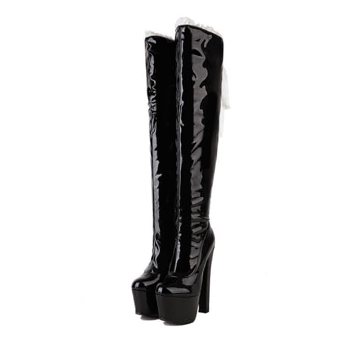 WILDKATZEN Damen Plateau Overknees Stiefel Blockabsatz Lack Boots Lolita High Heels Schwarz 43 EU von WILDKATZEN