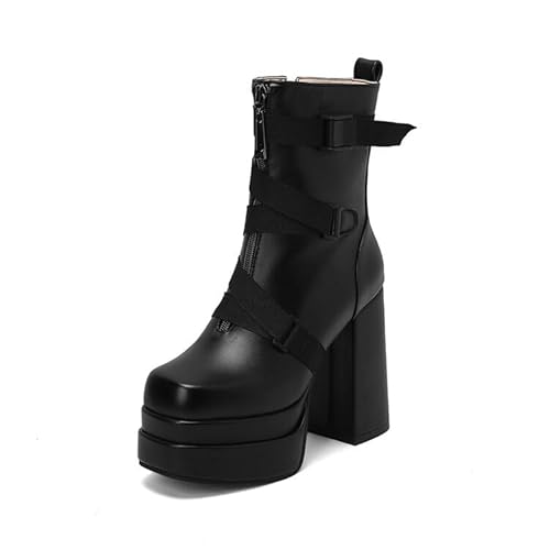 WILDKATZEN Damen Plateau Stiefeletten Blockabsatz Biker Boots mit Schnallen Reißverschluss Schwarz 39 EU von WILDKATZEN