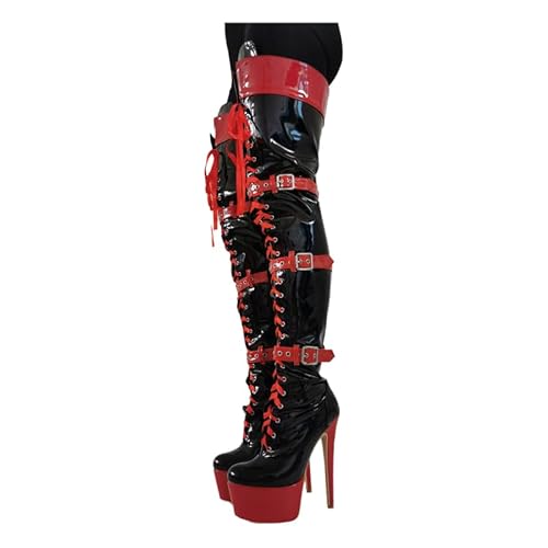 WILDKATZEN Damen Schenkelhoher Stiefel Plattform Stiletto High Heels Boots Lace up Overknee Zweifarbig Schnürstiefel Schwarz Rot 45 EU von WILDKATZEN