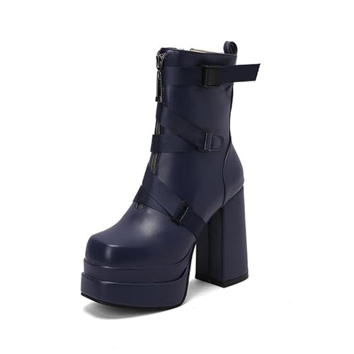 WILDKATZEN Damen Stiefeletten Doppel Plateau Blockabsatz Schnalle Zipper Biker Boots Blau 38 EU von WILDKATZEN