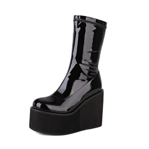 WILDKATZEN Damen Stretch Stiefeletten Plateaustiefeletten Halbstiefel Mid Calf Boots Lackleder Schwarz 37 EU von WILDKATZEN