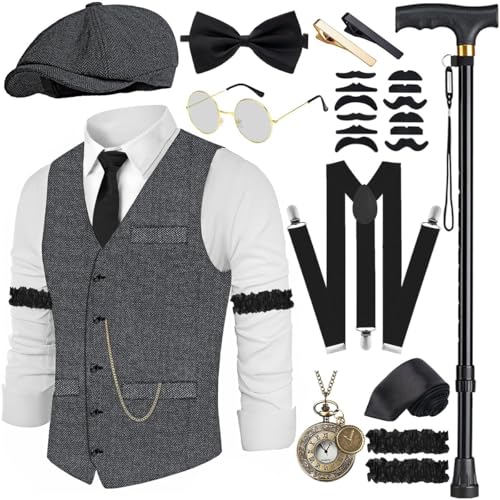 20er Jahre Kostüm Herren Weste mit Accessories Hosenträger, Krücke Taschenuhr Bart Barett Gläser Krawattennadel für Mafia Kostüm 1920S Gangster Peaky Blinders Karneval Halloween Mottoparty von WILDPARTY