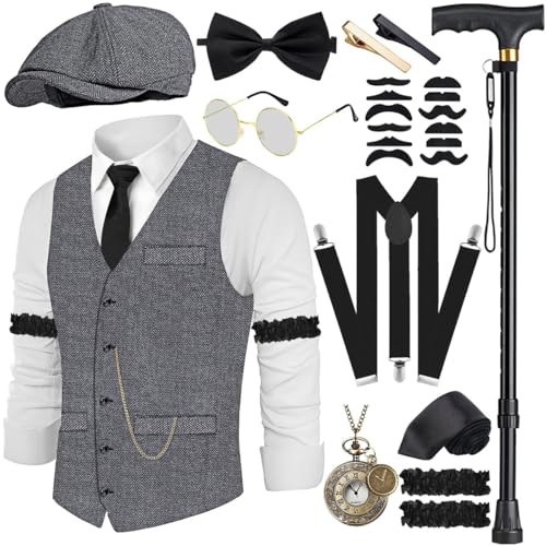 20er Jahre Kostüm Herren Weste mit Accessories Hosenträger, Krücke Taschenuhr Bart Barett Gläser Krawattennadel für Mafia Kostüm 1920S Gangster Peaky Blinders Karneval Halloween Mottoparty von WILDPARTY