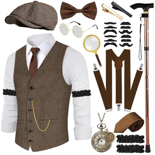 20er Jahre Kostüm Herren Weste mit Accessories Hosenträger, Lupe Krücke Taschenuhr Bart Barett Gläser Krawattennadel für Mafia Kostüm 1920S Gangster Peaky Blinders Karneval Halloween Mottoparty von WILDPARTY