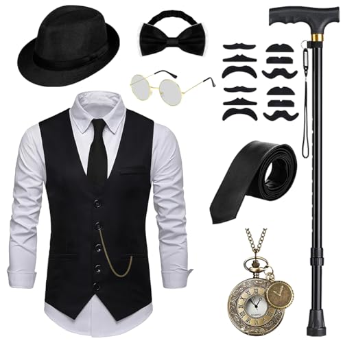 WILDPARTY 20er Jahre Kostüm Herren Weste mit Accessories, Faltbare Krücke Taschenuhr Bart Fedora Gläser, Krawatte, Fliege, für Mafia Kostüm 1920S Gangster Peaky Blinders Karneval Halloween Mottoparty von WILDPARTY