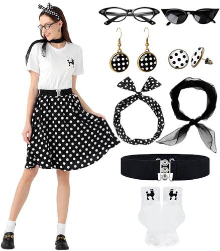 50er 60er Jahre Outfit Damen mit 10Pcs Rockabilly Accessoires 1950s Polka Dot Cocktailkleid Mottoparty Sommer Kleider Vintage Pudel T-Shirt Rock Set von WILDPARTY