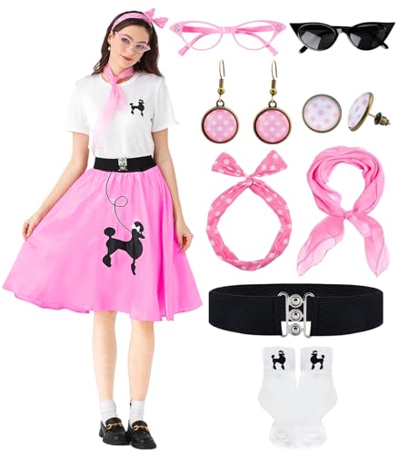 50er 60er Jahre Outfit Damen mit 10Pcs Rockabilly Accessoires 1950s Cocktailkleid Mottoparty Sommer Kleider Vintage Pudel T-Shirt Rock Set von WILDPARTY