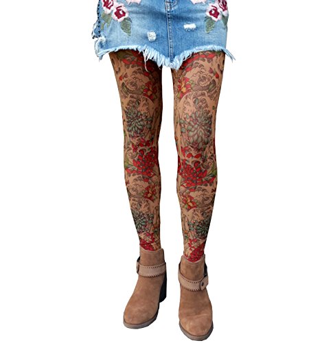 Wild Rose MUMS Damen Leggings mit Tattoo-Netzstoff, Chrysantheme, rote Blumen, hellbraun - Braun - Mittel von WILDROSE