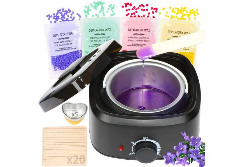oyajia Haarentfernungsgerät Wachswärmer Set, Haarentfernung Waxing Kit mit 4X100g Wachsperlen, 29-tlg. Set inkl. 4 Wachsbohnen & 20 Spatel für Präzision, 20 Holzspateln, 5 x Aluminiumfolienschale, für Gesicht, Bikini, Bein von oyajia