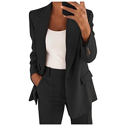 WILLBEST Blazer Damen Einfarbig Oversized Women's Suit Jackets Blazers Open Front Langarm Jacke Elegant Business Damenblazer Sommer Leicht Blazer Studio Casual Mantel mit Tasche und (A-Black, XXL) von WILLBEST