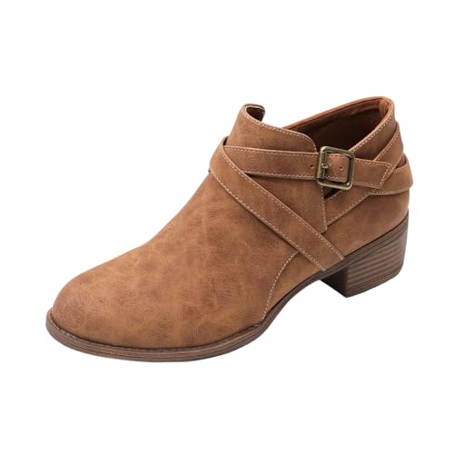 WILLBEST Damen Kunstleder Herbst und Winter niedrige klobige Absätze Reißverschluss kurze Stiefeletten runde Zehenschuhe Baby 21 Junge (Brown-4, 40) von WILLBEST