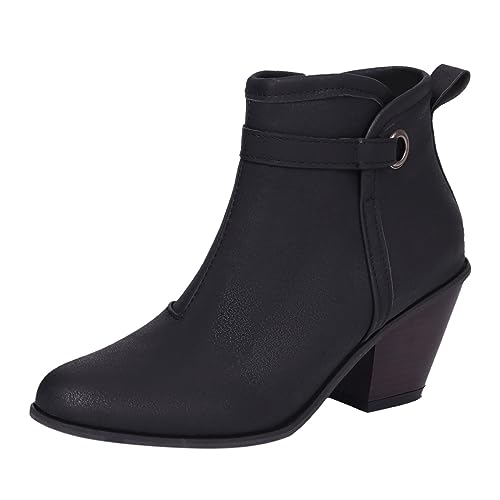 WILLBEST Einfache, einfarbige, bequeme Damen-Westernstiefel mit klobigem Absatz, mittlerer Zylinder, spitze Übergröße, Stiefeletten Damen Schwarz Gefüttert (e-Black, 39) von WILLBEST