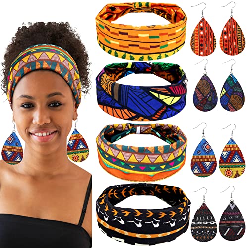 4 Paar Afrikanische Kunstleder Ohrringe, 4 Stück Afrikanische Stirnbänder, Tropfen Blatt Anhänger Ohrringe Breite Elastische Knote Haarbänder mit Boho Druck für Mädchen Damen von WILLBOND