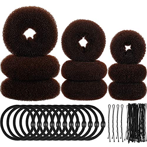 9 Stück Donut Haar Brötchen Hersteller Former Schaum Schwamm Donut Brötchen Ring Stil Set mit 12 Stück Haar Gummibänder Krawatten und 32 Stück Haar Bobby Pins für Frauen Mädchen (Braun) von WILLBOND