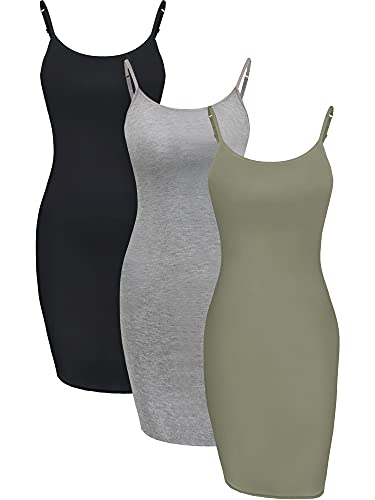 WILLBOND 3-teiliges Basic Cami langes Tankkleid für Damen mit Riemen, einfarbig, Schwarz, Grau, Armeegrün, XL von WILLBOND