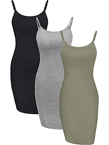 WILLBOND 3 Stück Basic Cami Frauen Lange Tanks Kleid mit Riemen, Einfarbig, Schwarz, Grau, Armeegrün, L von WILLBOND