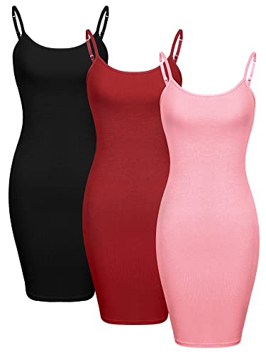 WILLBOND 3 Stück Basic Cami Frauen Lange Tanks Kleid mit Riemen, Einfarbig, Schwarz, Rot, Rosa, Klein von WILLBOND