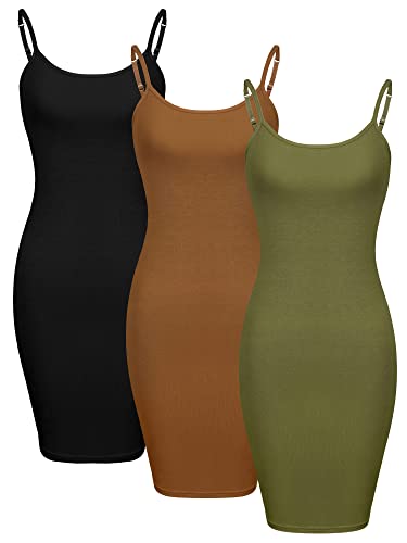 WILLBOND 3 Stück Basic Cami Frauen Lange Tanks Kleid mit Riemen, Einfarbig, Schwarz, Schokolade, Armeegrün, XX-Large von WILLBOND