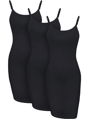 WILLBOND 3 Stück Basic Cami Frauen Lange Tanks Kleid mit Riemen, Einfarbig, Schwarz, X-Groß von WILLBOND