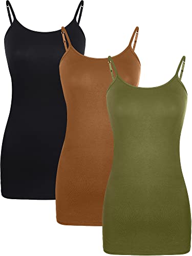 WILLBOND 3 Stück Damen Basic Lange Tanks Verstellbare Spaghettiträger Camisole Top, Black, Army Green, Chocolate, Groß von WILLBOND