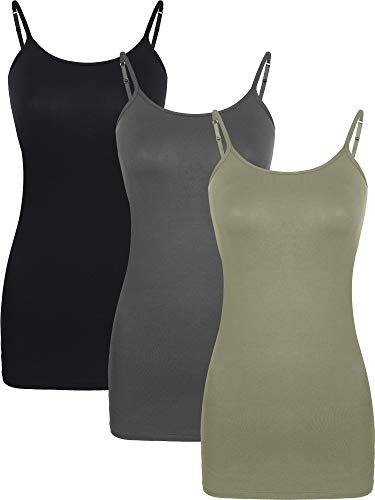 WILLBOND 3 Stück Damen Basic Lange Tanks Verstellbare Spaghettiträger Camisole Top, Schwarz, Dunkelgrau und Grün, Mittel von WILLBOND