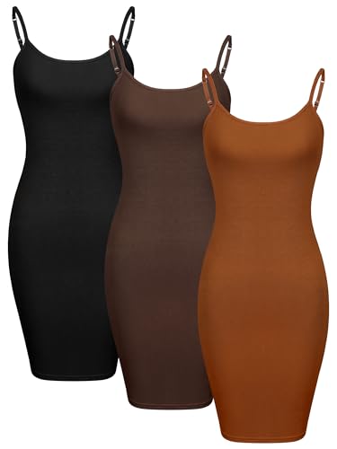 WILLBOND 3-teiliges Basic Cami Damen langes Tankkleid mit Riemen, einfarbig, Schwarz, Karamell, Dunkelbraun, Groß von WILLBOND