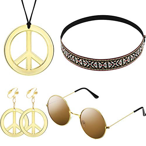WILLBOND 4-teiliges Hippie-Kostümzubehör-Set für Damen, Hippiesonnenbrille, Ohrringe, Halskette, Friedenszeichen, Boho-Kopfband, für Halloween, Karneval von WILLBOND