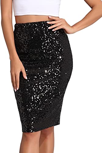 Damen Pailletten Rock Glitzer A Linie Hohe Taille Skirts Sparkle Party Knielang Rock Damen Sequin Bleistift Minirock (XL, Schwarz) von WILLIAMHUA