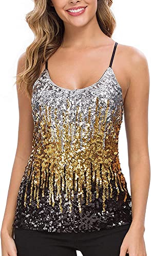 WILLIAMHUA Damen Pailletten Tops Glitzer Oberteile Sparkle Party Weste Ärmellos Tunika Weste Damen Sequin Tank Top (L, Gelb) von WILLIAMHUA