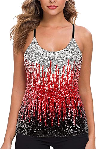 WILLIAMHUA Damen Pailletten Tops Glitzer Oberteile Sparkle Party Weste Ärmellos Tunika Weste Damen Sequin Tank Top (L, Rot) von WILLIAMHUA