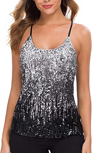 WILLIAMHUA Damen Pailletten Tops Glitzer Oberteile Sparkle Party Weste Ärmellos Tunika Weste Damen Sequin Tank Top (L, Schwarz) von WILLIAMHUA