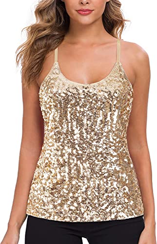 WILLIAMHUA Damen Pailletten Tops Glitzer Oberteile Sparkle Party Weste Ärmellos Tunika Weste Damen Sequin Tank Top (L, Sekt) von WILLIAMHUA