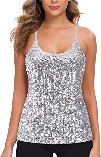 WILLIAMHUA Damen Pailletten Tops Glitzer Oberteile Sparkle Party Weste Ärmellos Tunika Weste Damen Sequin Tank Top (XL, Silber) von WILLIAMHUA