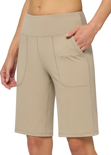 WILIIT Shorts Damen Sommer Sporthose Bermuda Baumwolle Yoga Shorts High Waist Kurze Hose Laufshorts Traininghose Fitness Running Gym mit Taschen Khaki XXL von WILLIT