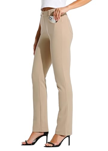 WILLIT 31" Damen Kleid Yoga-Hosen Stretch Hose gerades Bein Arbeitshose Elegante Büro Gürtelschlaufen Yogahose Freizeithose mit 4 Taschen Khaki L von WILLIT