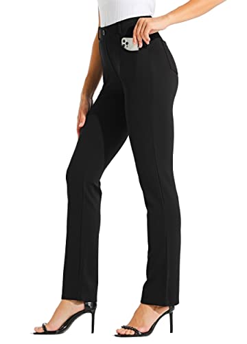 WILLIT 31" Damen Kleid Yoga-Hosen Stretch Hose gerades Bein Arbeitshose Elegante Büro Gürtelschlaufen Yogahose Freizeithose mit 4 Taschen Schwarz L von WILLIT