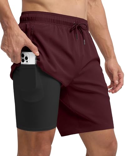 WILLIT Badehose Herren mit Reißverschlusstasche Badeshorts Männer Schnelltrocknend Wasserabweisend Boardshorts Freizeit Shorts Sporthose kurz mit Tunnelzug Meshfutter Weinrot 3XL von WILLIT