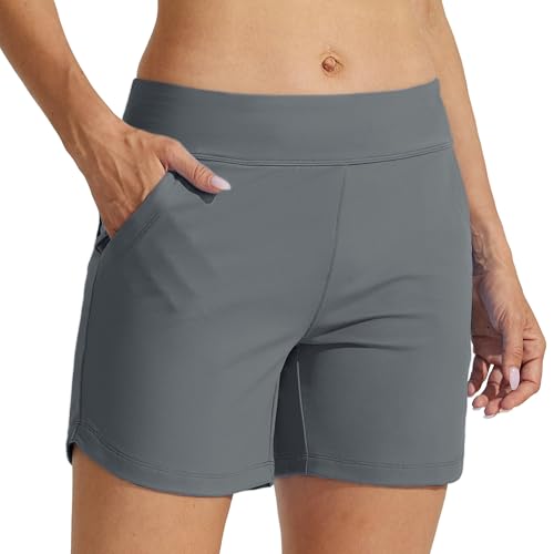 WILLIT Badeshorts Damen Badehose Schwimmhose Boardshorts Schnell Trocknende Bikini Shorts mit Taschen Innenfutter 5 Zoll Grau 2XL von WILLIT