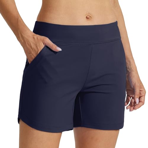 WILLIT Badeshorts Damen Badehose Schwimmhose Boardshorts Schnell Trocknende Bikini Shorts mit Taschen Innenfutter 5 Zoll Marineblau XL von WILLIT