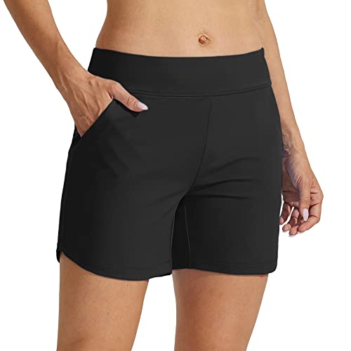 WILLIT Badeshorts Damen Badehose Schwimmhose Boardshorts Schnell Trocknende Bikini Shorts mit Taschen Innenfutter 5 Zoll Schwarz XS von WILLIT